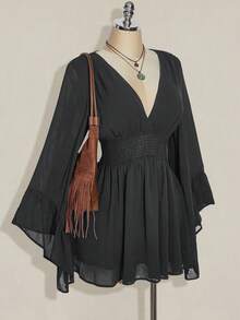 SHEIN ICON 加大码 V 领褶皱 A 字形喇叭袖连衣裙，波西米亚风、嬉皮风、Y2K 风格，适合夏季、游牧风、暑假、音乐节、毕业典礼和返校季 - 灰色 - 查看 5