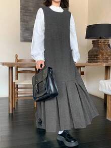 FRIFUL Women's Casual Commuter Pleated Hem Sleeveless Dress Pinafore Dress Drop Waist Dress Pleated Dress Gray Dress Jumper Dress