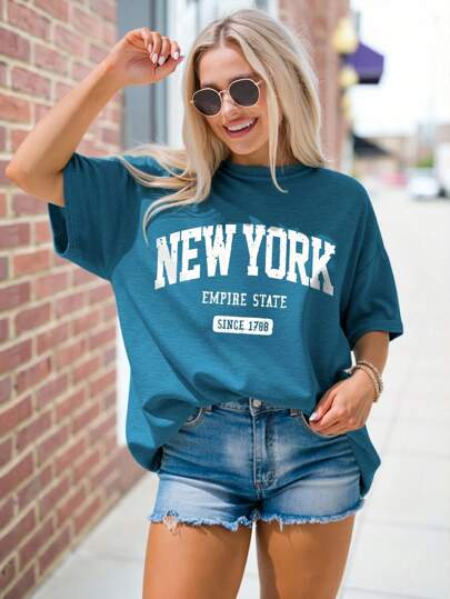 ReShift Plus Size Women's Casual Loose New York Letter Printed Short/Long Sleeve Round Neck T-Shirt