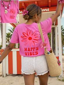 DrmWander Camiseta gráfica casual para mujer, camiseta de manga corta de estilo callejero, top de verano lindo, vibra de vacaciones, acento rojo