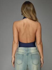 MISSGUIDED Bộ đồ liền thân cổ yếm thanh lịch, hở lưng, thích hợp cho tiệc tối, câu lạc bộ, không tay, cổ khoét sâu, mùa thu đông. - Màu xanh hải quân - Xem 2