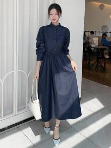 DAZY Women's Stand Collar Long Sleeve Belted Half-Placket Casual Denim Dress