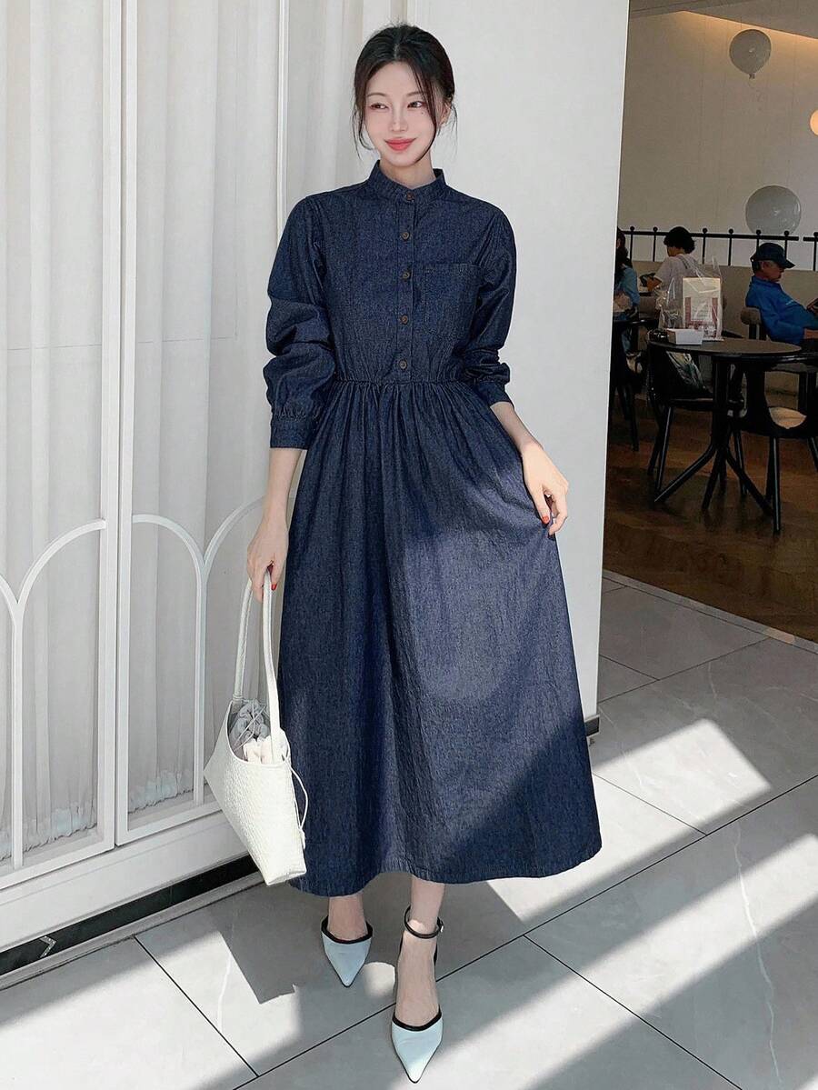 DAZY Women's Stand Collar Long Sleeve Belted Half-Placket Casual Denim Dress