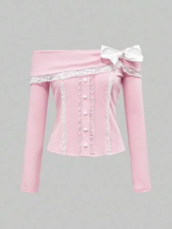 J-Fashion Damen süßes, mädchenhaftes Hime Gyaru Faux-Pelz & Spitze Farbblock Schleife Kragen Langarm T-Shirt