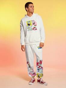 SpongeBob SquarePants | SHEIN 男士字母与卡通图案套头连帽衫，秋季 - 白色 - 查看 3