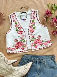 Soleia Women's Romantic Floral Embroidered Casual Top, Suitable For Vacation, Back To School, Casual Lunch, Date, Valentine's Day, Afternoon Tea, Party, Wedding, Spring/Summer Holiday, Cruise, Music Festival, Boho Style Embroidered Top Women Top Women Floral Tops Floral Crop Top Vintage Floral Top Vintage Tops Women Flower Tops For Women Floral Crop Top - Red and White - View 1