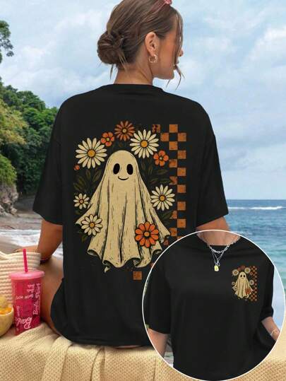 EMERY ROSE Retro Flower Ghost T-Shirt, Funny Halloween T-Shirt, Halloween T-Shirt, Halloween Plus Size T-Shirt, Suitable For Spring And Summer