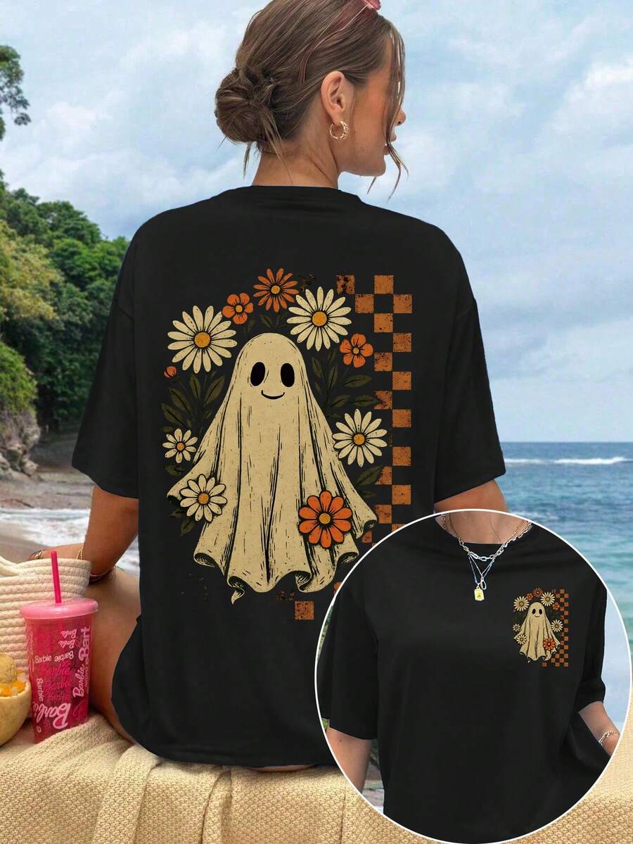 EMERY ROSE 复古花鬼T恤，搞怪万圣节T恤，万圣节T恤，万圣节加大码T恤，适合春夏季 - 黑色 - 查看 1