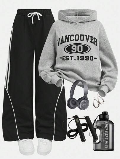 Girlism 少女休闲复古图案印花连帽卫衣和撞色慢跑裤/阔腿裤/高腰裤套装，黑色/灰色，运动休闲，户外运动，街头服饰，返校季