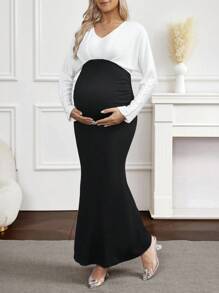 SHEIN 孕妇拼色V领蝙蝠袖鱼尾下摆修身优雅连衣裙 - 黑與白 - 查看 1