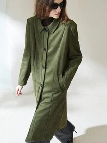 Aveloria Modichic Chaqueta larga de mujer con cuello vuelto, diseño dividido, escudo de lluvia en la espalda, manga larga, de alta gama y estilo retro para ir al trabajo - Verde militar - Ver 2