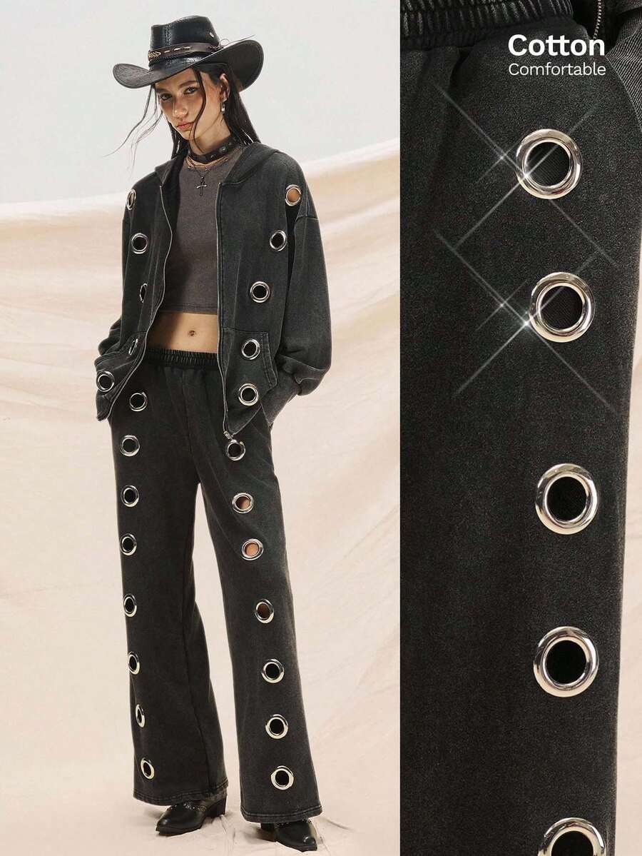 Easelle Women's Vintage Black Autumn Streetwear Everyday Fashion Western Style Grommet Sweatshirt & Pants Set,Wash Water Metal Eyelets Hoodies Fall Winter - Black - View 1