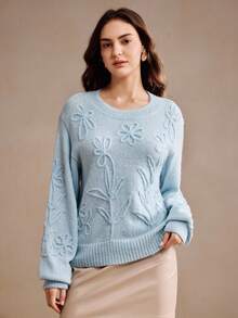 Anewsta 女式花卉图案圆领长袖休闲毛衣，秋季 - 藍色 - 查看 4