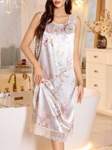 SHEIN LuxeNights 蕾丝边仿丝圆领女式睡袍 - 彩色 - 查看 1