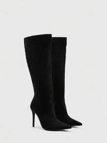 CUCCOO BIZCHIC 女士黑色尖头优雅高跟及膝靴，适合日常穿着 - 黑色 - 查看 3