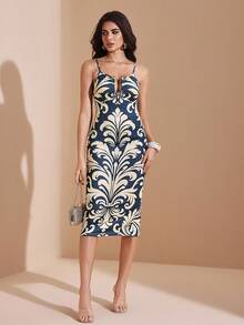 JIAN LASALA 全身波西米亚印花针织细肩带修身中长连衣裙，带金属环，女士度假优雅连衣裙，外出派对礼服，晚礼服，婚礼宾客奢华 - 彩色 - 查看 5