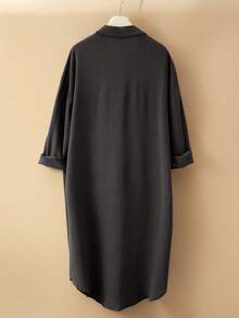 Omancia Pleated Long Button Down Oversized Women Shirt - Dark Grey - View 2