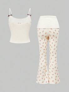 ROMWE Fairycore Y2K Cute Deer Embroidery Camisole + Allover Deer Print Knit Pants 2 Pieces Set - Beige - View 2
