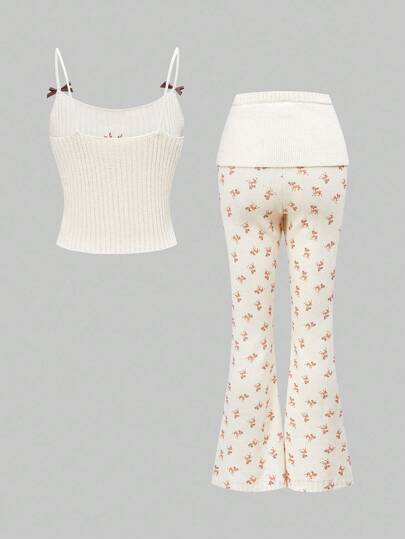 Fairycore Y2K Cute Deer Embroidery Camisole + Allover Deer Print Knit Pants 2 Pieces Set