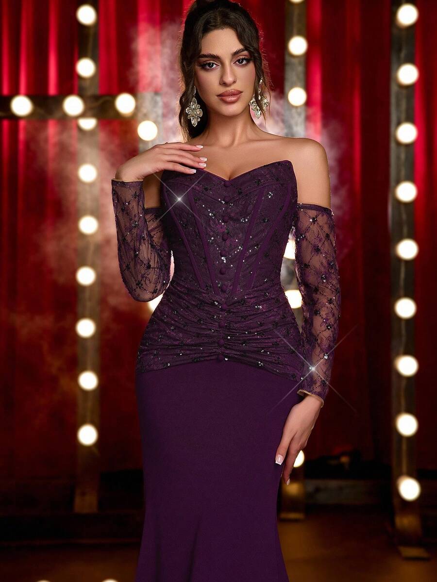 Glamrae Elegante, lujoso, de moda, morado oscuro, vestido de tela de punto elástica con costuras de encaje con lentejuelas, cintura ceñida, con ballenas, busto acolchado, con cola, adecuado para vacaciones, boda, despedida de soltera, baile formal, evento de celebración, cena formal, Día de San Valentín