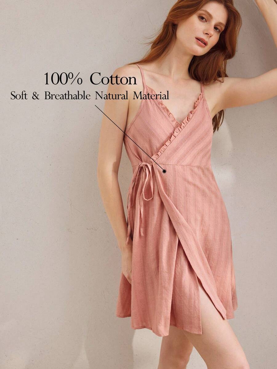 Ocili 女士 100% 纯棉休闲舒适条纹纹理吊带背心裙,侧系带 - 藕粉色 - 查看 1