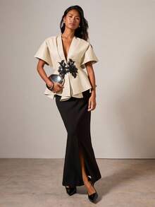 COSMINA Women's Elegant Waist Cinched PU Applique Blouse Kimonos For Woman - Apricot - View 3