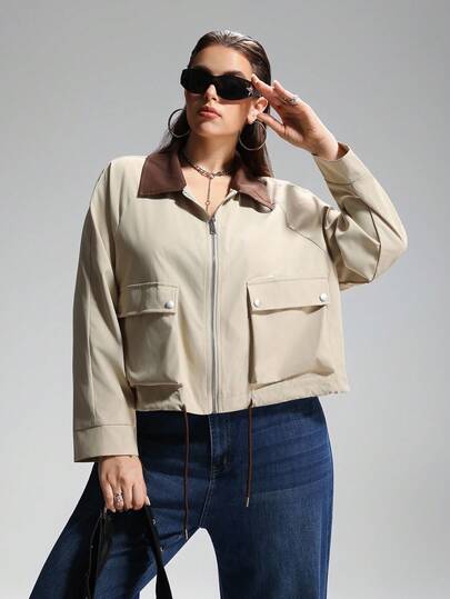 LYSMO 大码女式秋季时尚休闲街头按扣彩色翻领大口袋拉链前开襟夹克