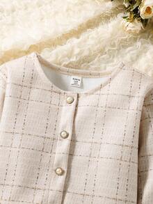 SHEIN 3pcs Girls Tween Girl Plaid Pattern Button Front Herringbone Skirt Suit Set, Elegant Long Sleeve Round Neck Jacket And Solid Color Round Neck Top