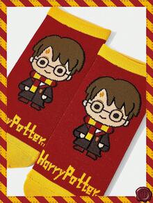 HARRY POTTER X SHEIN 1 双女式卡通人物图案拼色踝袜 - 紅色 - 查看 2