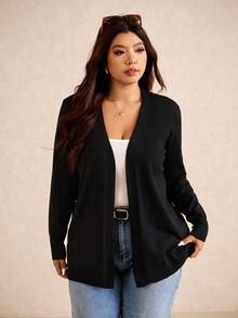 Elaquor Cárdigan de punto negro de frente abierto de unicolor talla grande, para otoño/invierno, atuendos de aeropuerto, atuendos casuales para mujer, cárdigan negro, ropa de invierno para mujer - Negro - Ver 3