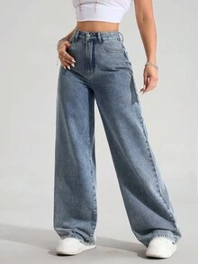 SHEIN ICON Quần jean ống đứng cạp chun màu xanh nhạt cổ điển cho nữ cỡ lớn - Rửa nhẹ - Xem 4