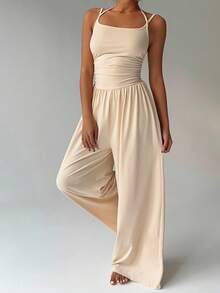 SHEIN Unity 女式休闲百褶宽松直筒连体裤，春夏 - 杏色 - 查看 5