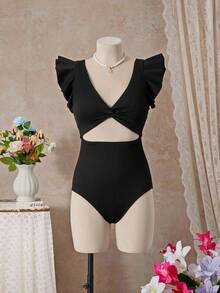 SHEIN Swim Einteiliger Badeanzug Einfarbig Mit Hohlstellen, Verdrehter Vorderseite Und Rüschenverzierung - Schwarz - Übersicht 4