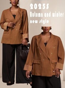 Veslaya 2025 Autumn/Winter New Large Women's/Autumn Women's/Return To School/School Clothing/Y2k/Street Style/Date Outing/Work/Office/Women's Airport Clothing/Party/Commuting/Elegant/Cocktail/Punk/Decadent/Valentine's Day/Commuting French Loose Brown Texture Fabric Flat Barge With Pocket Long Sleeve H-Shaped Double Row Buckle Fall