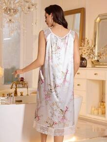 SHEIN LuxeNights 蕾丝边仿丝圆领女式睡袍 - 彩色 - 查看 2