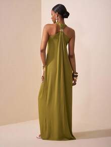 Zivah 绿色露背连衣裙，金属环装饰，适合音乐节、复活节、圣帕特里克节、西部风、游牧风、生日派对、毕业典礼、校园风、日常穿着、休闲装、度假装、邮轮装、海滩装、日光浴装、街头装、婚礼嘉宾装、通勤装、早午餐装、机场装 - 軍綠色 - 查看 3