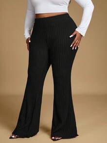 Hourglow Ceceforeign_ Plus Size Elastic Waist Casual Wide Leg Long Ribbed Flare Pants, Suitable For Autumn And Summer, For Hourglass Body Shape