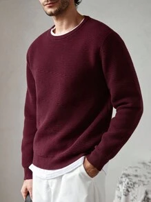 Manfinity Homme Áo len chui đầu tay dài cổ tròn màu trơn thường ngày đa năng cho nam, phong cách Old Money, thu đông - Màu Đỏ Sâu - Xem 2