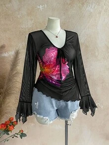 Soleia Plus Size Women Vacation Mesh Floral Print V-Neck Bowknot Asymmetrical Flare Sleeve Asymmetric Ruched Hem T-Shirt