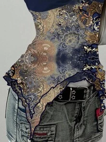 SHEIN EZwear Navy Blue Vintage Floral Pattern Women's Camisole Top, Suitable For Summer - Blue - View 5