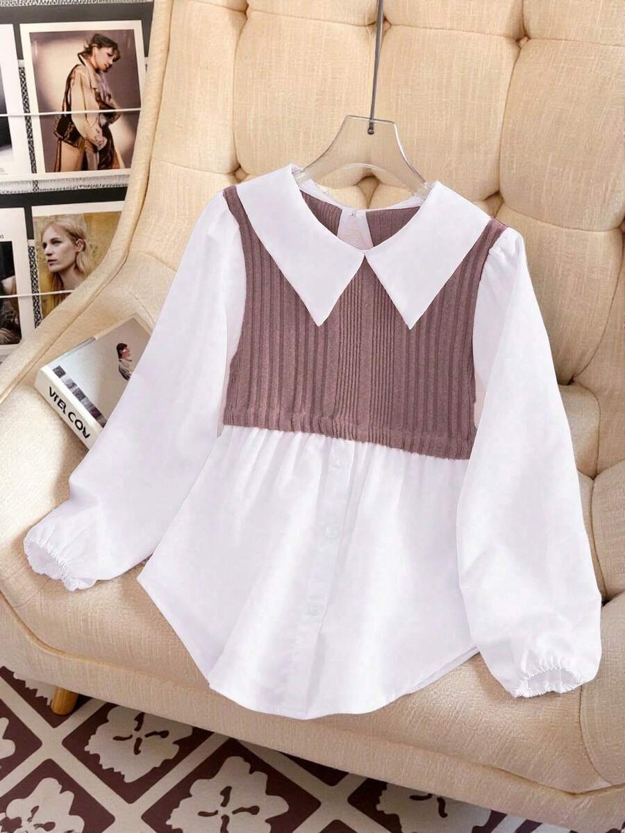 Tween Girls' Casual School Style Contrast Color Patchwork Long Sleeve Peter Pan Collar Shirt Fall Winter - Dusty Pink - View 1