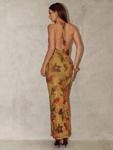 SHEIN BAE 复古花卉印花露背修身腰优雅女士长裙，适合日常穿着、约会、郊游、派对、鸡尾酒会、浪漫约会、秋冬分层针织连衣裙、派对、正式聚会、伴娘礼服、晚礼服 - 綠色 - 查看 2