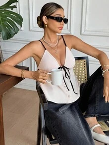 SHEIN Frenchy Women's French Contrast Color Strap Cami Top,Black And White,Summer,Seksi Chic,Brunch Casual Blouses,Old Money Style Business Casual Cute - Multicolor - View 5