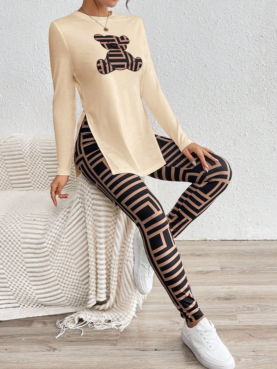 SHEIN Essnce Women's 2pcs Casual Bear Print Side Slit Long Sleeve Top & Geometric Print Leggings Set,Beige,Autumn,Cute,Everyday Fall Lounge Outfits Two Piece Set - Apricot - View 1