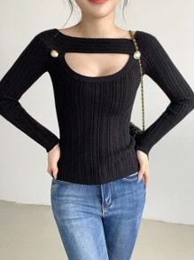 Celisse Women's Sexy Off Shoulder Hollow-Out Fitted Knit Sweater, Elegant Style, Suitable For Spring & Autumn Fall Winter Cloth For Women