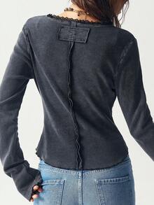 Bohemela 大码女式休闲水洗蕾丝边纽扣前襟衬衫 - 黑色 - 查看 7