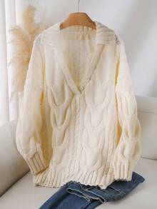 CosyJoli Plus Size Women's Apricot Casual Cable Pattern Drop Shoulder Long Sleeve Pullover Sweater, Autumn Women Knitwear Collared Sweater Lightweight Sweater V-Neck Sweater Cable Knit Sweater - Apricot - View 3