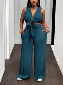 Slaydiva 2025 新款春夏大码女装复古西部/热带/音乐节/俱乐部/公路旅行/休闲/城市度假/毕业约会/优雅度假/日常基本款两件套 - 无袖短款系带上衣和高腰阔腿裤（带口袋） - 水鴨藍 - 查看 4