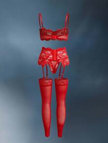 EmpressEnvy Conjunto de lencería sexy con decoración de lazo y encaje floral para salir - Burdeos - Ver 6