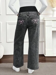 SHEIN 蝴蝶结刺绣口袋孕妇牛仔裤 - 深灰色 - 查看 2